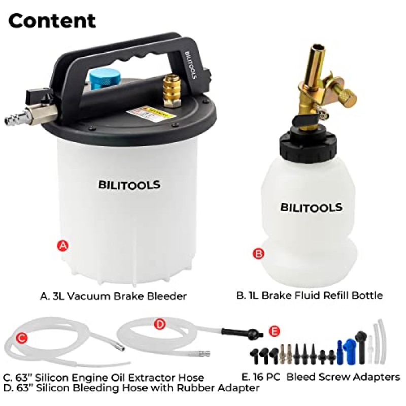 BILITOOLS 3L 진공 브레이크 블리더 키트, 1인용 공압 브레이크액 및 클러치 출혈 추출 도구(어댑터 및 1L 리필 병 포함)