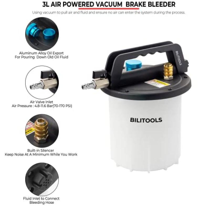BILITOOLS 3L 진공 브레이크 블리더 키트, 1인용 공압 브레이크액 및 클러치 출혈 추출 도구(어댑터 및 1L 리필 병 포함)