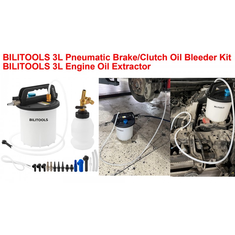 BILITOOLS 3L 진공 브레이크 블리더 키트, 1인용 공압 브레이크액 및 클러치 출혈 추출 도구(어댑터 및 1L 리필 병 포함)