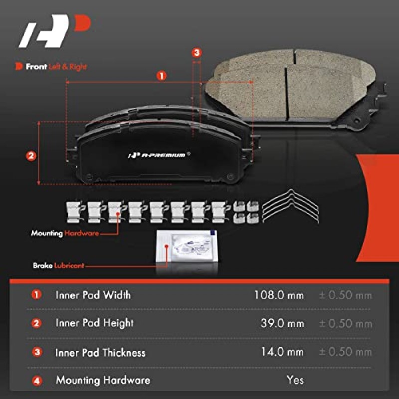 일부 Lexus 및 Toyota 모델과 호환되는 A-프리미엄 전면 및 후면 세라믹 디스크 브레이크 패드 세트 - RX350, RX450h 2010-2015, Highlander 2014-2018, Sienna 2011-2018, 하드웨어 포함, 8개