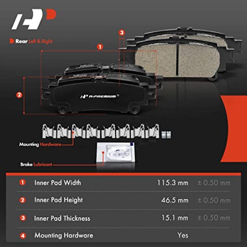 일부 Lexus 및 Toyota 모델과 호환되는 A-프리미엄 전면 및 후면 세라믹 디스크 브레이크 패드 세트 - RX350, RX450h 2010-2015, Highlander 2014-2018, Sienna 2011-2018, 하드웨어 포함, 8개