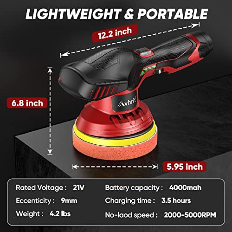 Avhrit 무선 버퍼 폴리셔 키트 6인치(배터리 2개 포함) 및 자동차 디테일링/왁싱에 사용되는 가변 속도 6개
