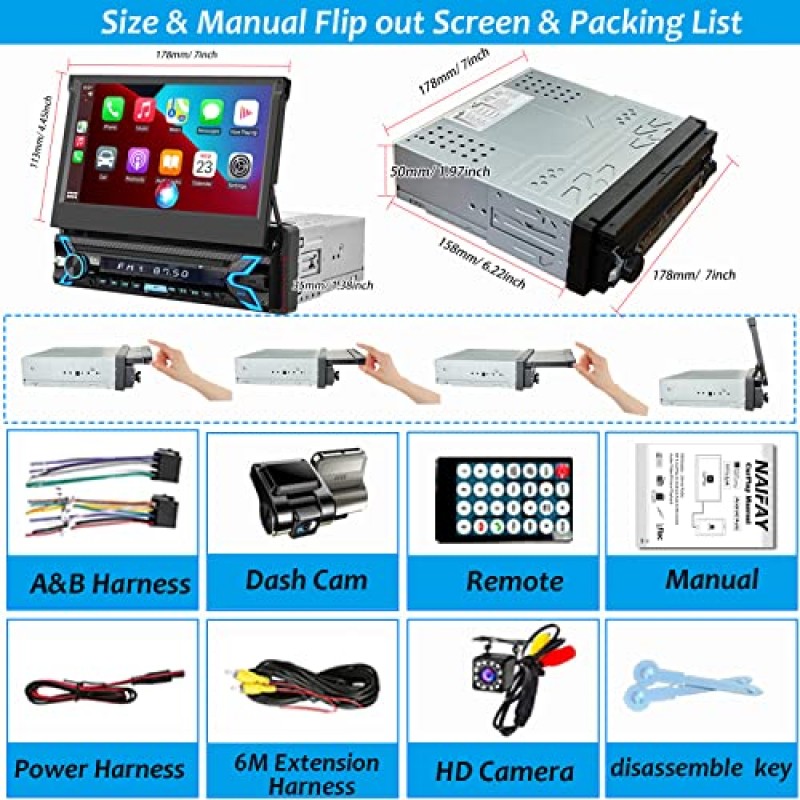 대시 캠 및 백업 카메라가 포함된 단일 딘 차량용 스테레오, Apple Carplay 및 Android Auto가 포함된 7인치 플립아웃 단일 딘 터치스크린 차량용 스테레오, 차량용 오디오 수신기 FM 차량용 라디오, BT/서브우퍼/AUX/TF/SD 포트