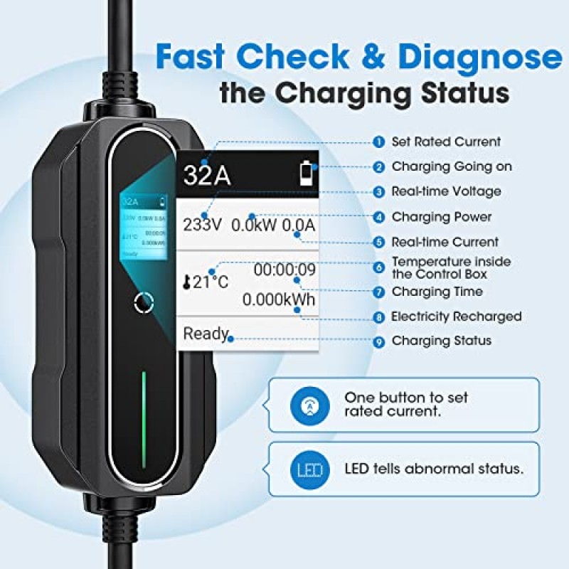 WORKERSBEE 레벨 2 EV 충전기, 110V-240V 32Amp, NEMA 14-50 플러그, 25피트 연장 코드, 실내/실외 휴대용 EVSE 전기 자동차 충전기, J1772 EV와 호환 가능