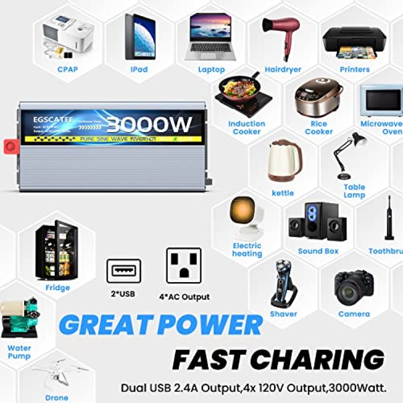 EGSCATEE 3000W 순수 사인파 전력 인버터 12V DC ~ 120V AC 변환기(트럭, 가정, 차량, RV, 내장형 5V/3.4A USB, 온스크린 디스플레이가 있는 4AC 콘센트 원격 제어 기능이 있는 태양광 인버터)