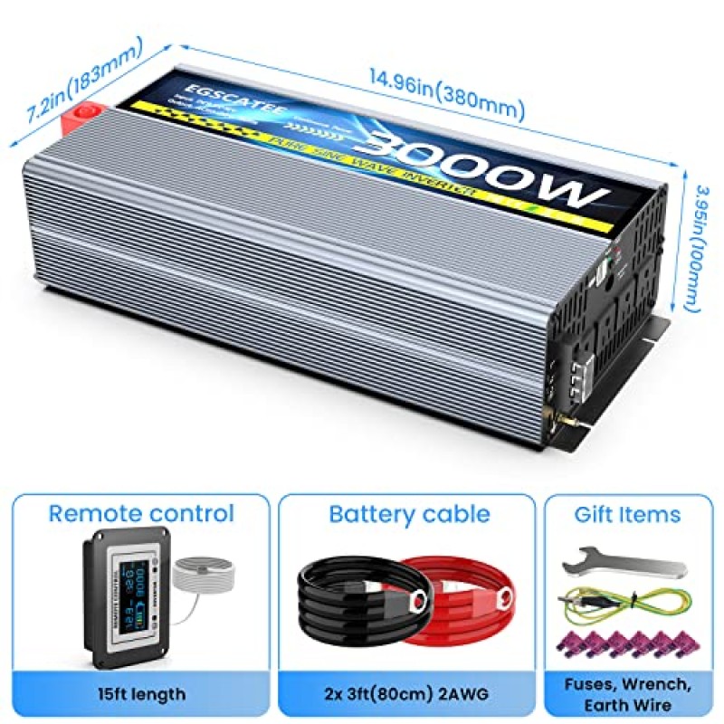 EGSCATEE 3000W 순수 사인파 전력 인버터 12V DC ~ 120V AC 변환기(트럭, 가정, 차량, RV, 내장형 5V/3.4A USB, 온스크린 디스플레이가 있는 4AC 콘센트 원격 제어 기능이 있는 태양광 인버터)