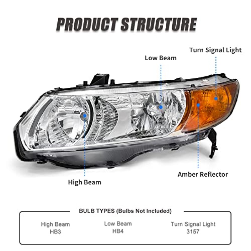 ADCARLIGHTS 2006 2007 2008 2009 2010 2011 Civic 헤드라이트 어셈블리 06-11 Honda Civic 2 도어 쿠페 클리어 렌즈 크롬 하우징(황색 반사경 헤드램프 교체 쌍 포함)