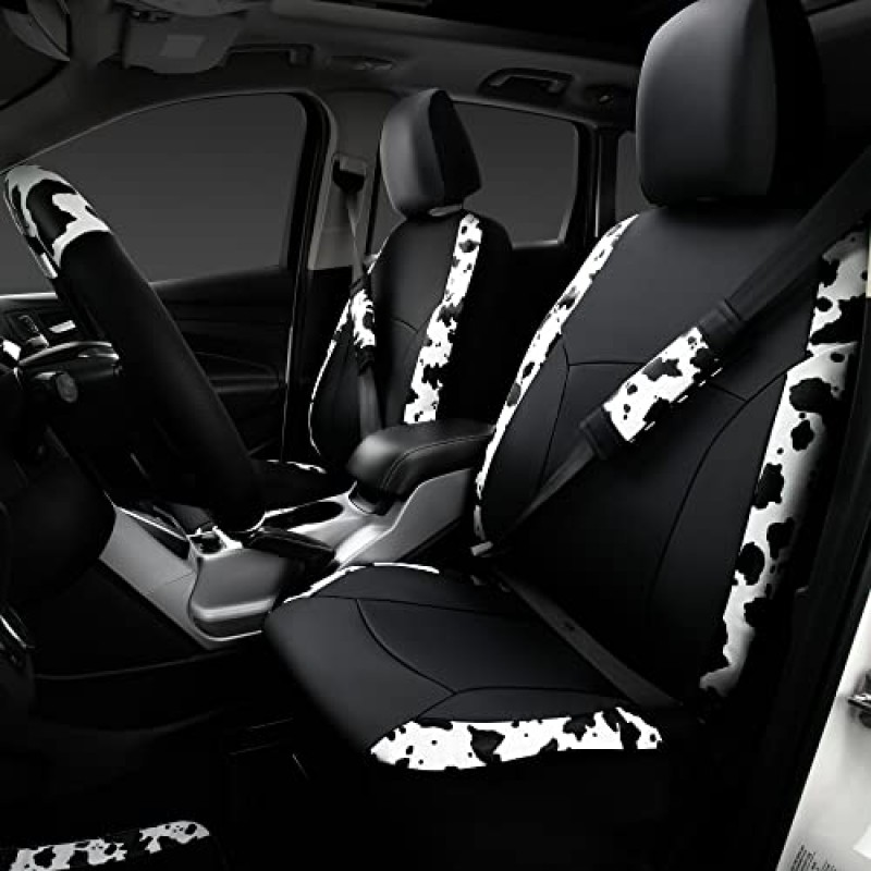 CAR-PASS 소 인쇄 자동차 액세서리 세트 인조 가죽 자동차 시트 커버 & 소 자동차 매트 & 소 스티어링 휠 커버 안전 벨트 패드 SUV, 밴, Saden, 트럭에 맞는 유니버설 귀여운 자동차 인테리어 세트 여성