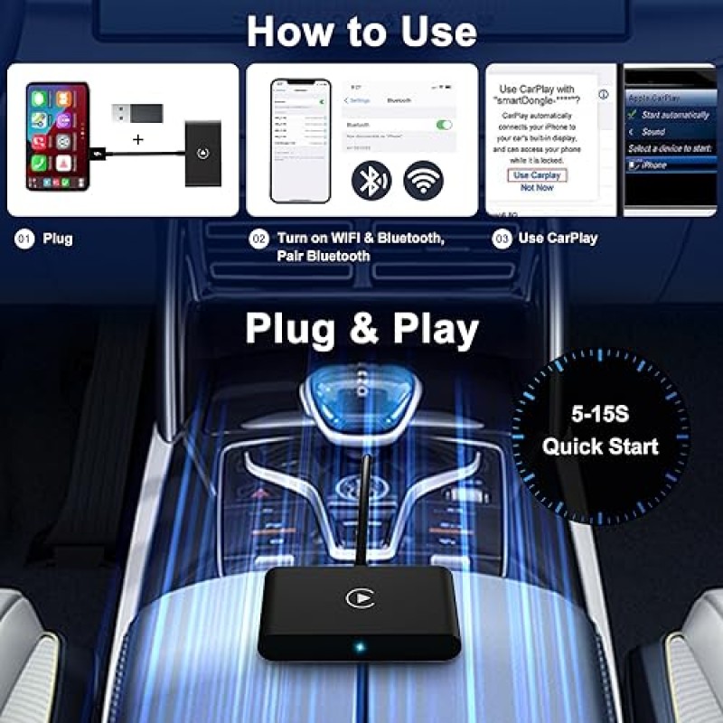 무선 Apple CarPlay 어댑터, OEM 유선 자동차용 2023 업그레이드 어댑터, 가장 빠르고 세련된 동글, CarPlay로 변환, 플러그 앤 플레이, PNBLAECE