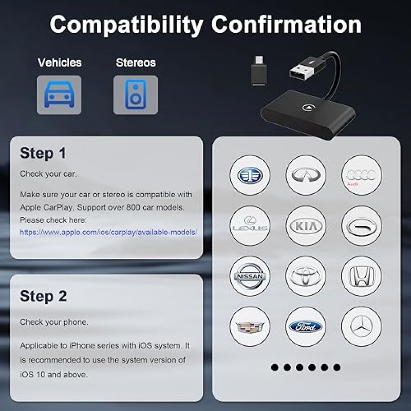 무선 Apple CarPlay 어댑터, OEM 유선 자동차용 2023 업그레이드 어댑터, 가장 빠르고 세련된 동글, CarPlay로 변환, 플러그 앤 플레이, PNBLAECE