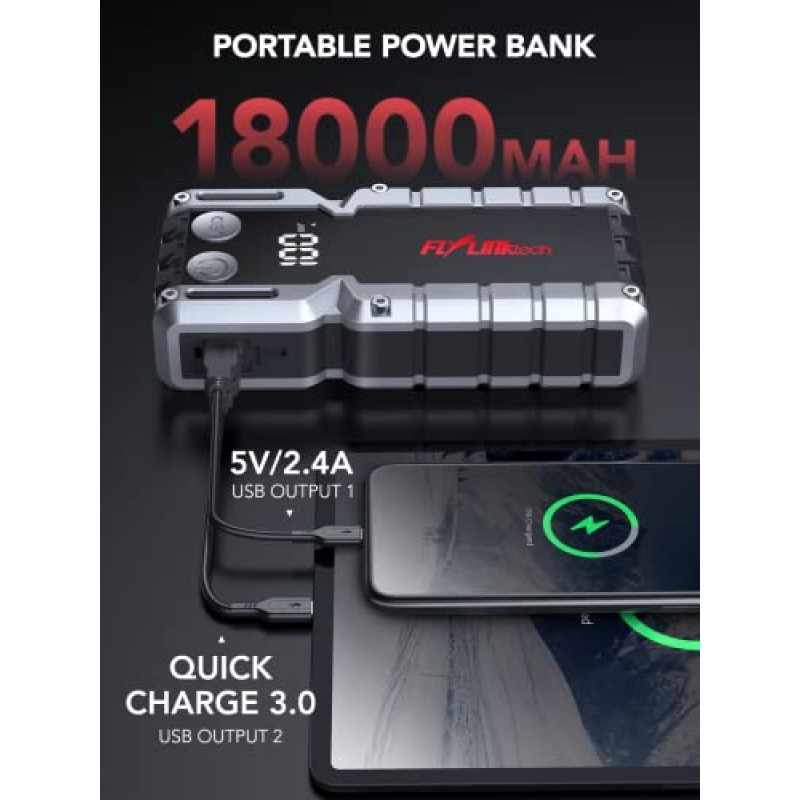 FLYLINKTECH 자동차 점프 스타터, 4000A 피크 배터리 부스터 점프 스타터 팩, USB 빠른 충전 3.0(최대 9.0L 가스 또는 8.0L 디젤)이 포함된 12V 휴대용 전원 은행, 자동 점프 박스 내장 LED 조명