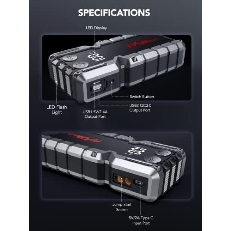 FLYLINKTECH 자동차 점프 스타터, 4000A 피크 배터리 부스터 점프 스타터 팩, USB 빠른 충전 3.0(최대 9.0L 가스 또는 8.0L 디젤)이 포함된 12V 휴대용 전원 은행, 자동 점프 박스 내장 LED 조명