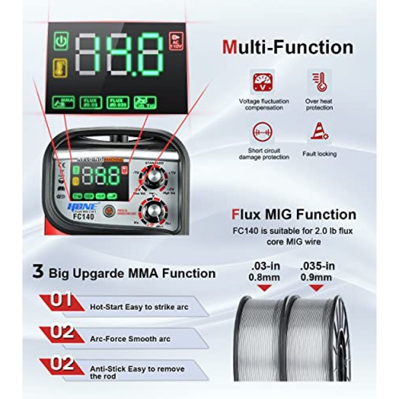 HONE MIG 용접기 110V, 실제 140Amp 플럭스 코어 용접기/스틱 용접기/리프트 TIG 3 in 1 시너지 용접기, 스마트 IGBT 인버터 대형 LED 디스플레이 용접 건이 있는 가스리스 와이어 용접기