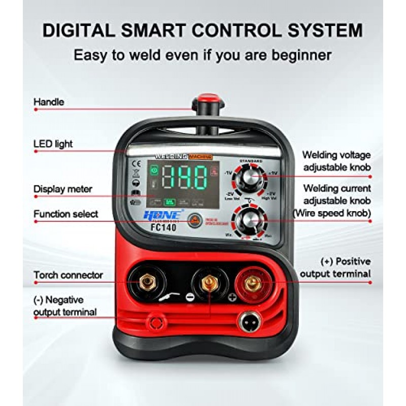 HONE MIG 용접기 110V, 실제 140Amp 플럭스 코어 용접기/스틱 용접기/리프트 TIG 3 in 1 시너지 용접기, 스마트 IGBT 인버터 대형 LED 디스플레이 용접 건이 있는 가스리스 와이어 용접기