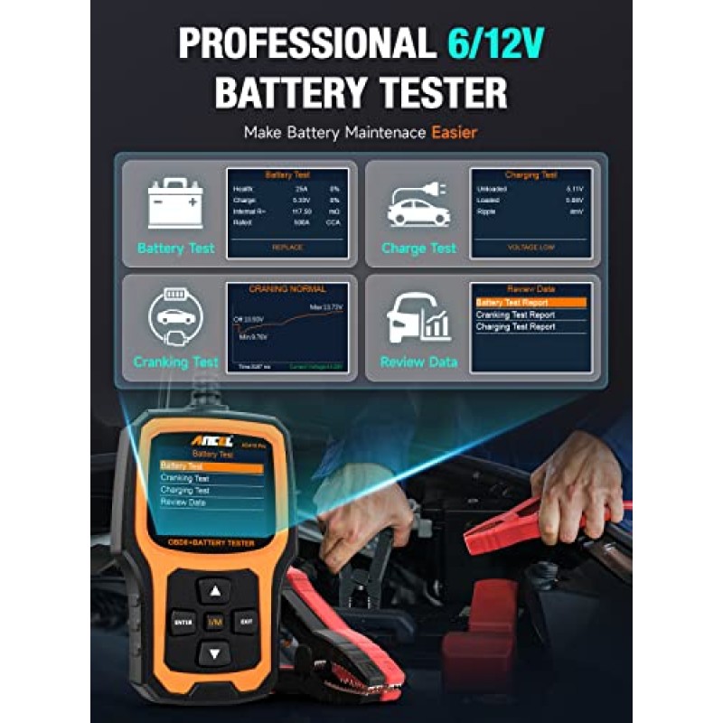 ANCEL AD410 Pro+ 2 in 1 Obd2 스캐너 배터리 테스터, 자동차 검사 엔진 코드 리더 스캔 도구 및 6V 12V 100-2000 CCA 배터리 충전 크랭킹 테스트 EVAP 라이브 데이터용 OBD2 스캐너 진단 도구