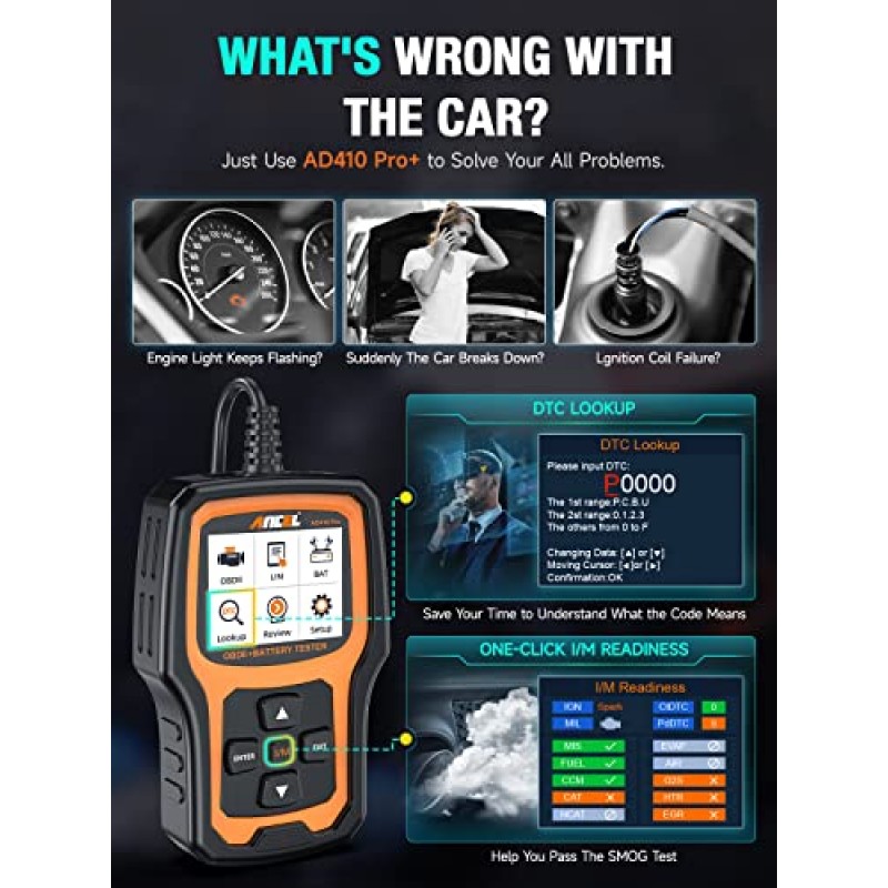 ANCEL AD410 Pro+ 2 in 1 Obd2 스캐너 배터리 테스터, 자동차 검사 엔진 코드 리더 스캔 도구 및 6V 12V 100-2000 CCA 배터리 충전 크랭킹 테스트 EVAP 라이브 데이터용 OBD2 스캐너 진단 도구