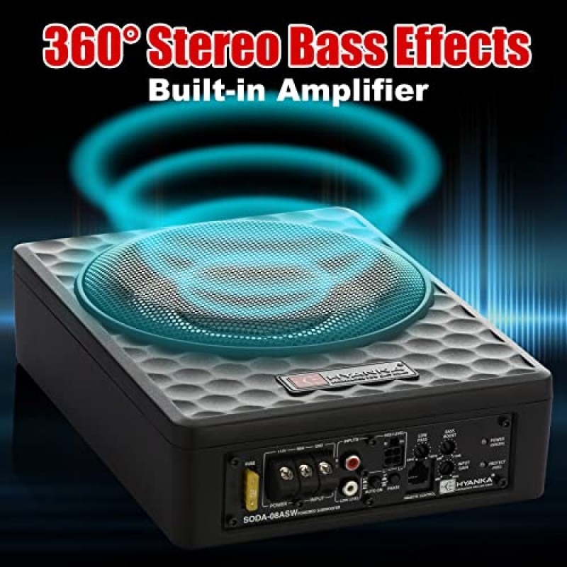 H YANKA 400W 8인치 구동 언더시트 서브우퍼 카 오디오, 슬림하고 컴팩트한 디자인의 자동차/트럭 액티브 서브우퍼(앰프 내장 포함), 자동차 서브우퍼(앰프 패키지 포함)