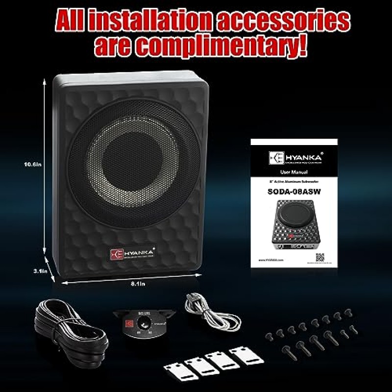 H YANKA 400W 8인치 구동 언더시트 서브우퍼 카 오디오, 슬림하고 컴팩트한 디자인의 자동차/트럭 액티브 서브우퍼(앰프 내장 포함), 자동차 서브우퍼(앰프 패키지 포함)