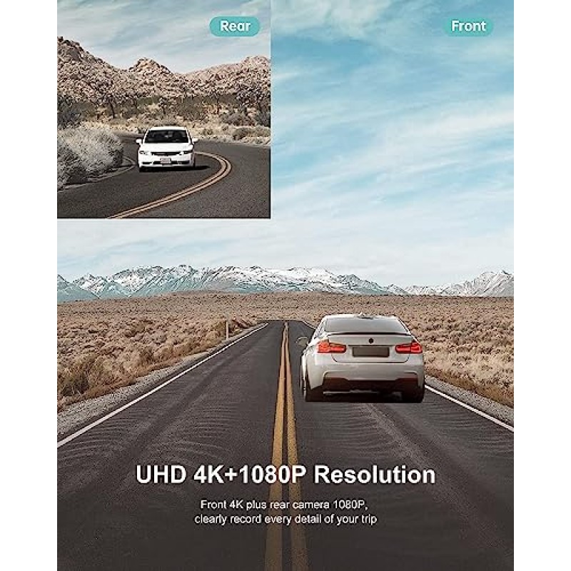 iZEEKER 4K 대시캠 전면 및 후면 Wi-Fi GPS, 차량용 4K+1080P 듀얼 대시 카메라, 32GB SD 카드, 3인치 IPS 터치스크린, WDR, 야간 투시경, 주차 모드, G-센서, 2가지 장착 옵션