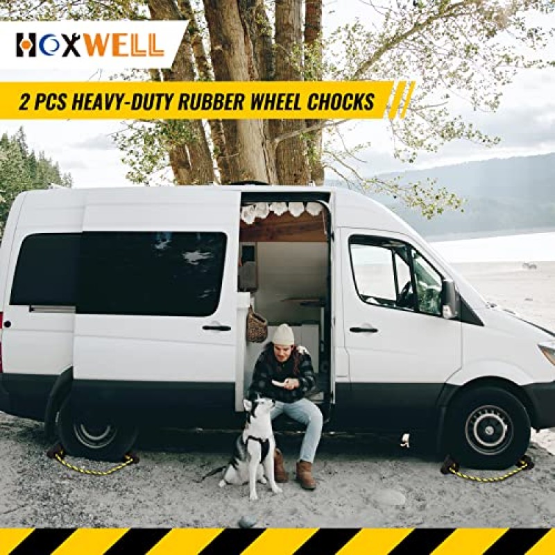 HOXWELL 고무 헤비듀티 듀얼 휠 초크 전면 및 후면, RV 레벨링 블록 나일론 로프가 있는 미끄럼 방지 베이스 여행용 트레일러, 자동차, 캠핑카, 트럭용 노란색 반사 테이프 2쌍(4팩)