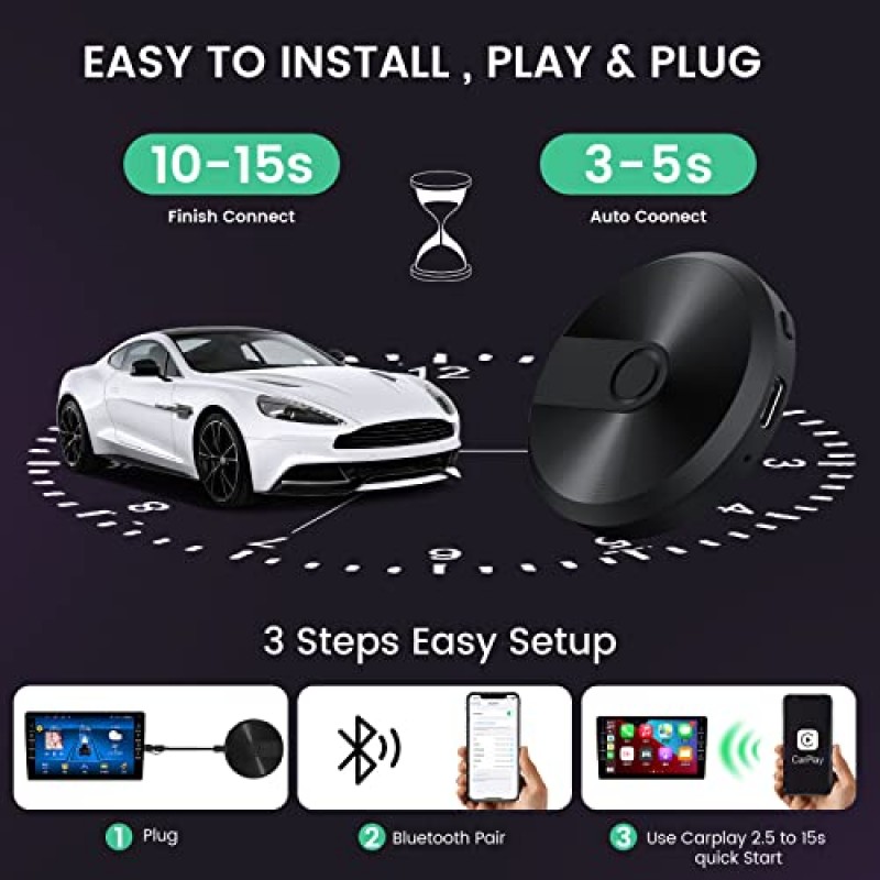 공장 유선 CarPlay 2023용 BRILOCEA 무선 CarPlay 어댑터, 플러그 앤 플레이, 유선을 무선 Apple CarPlay 동글로 변환, 2016년 차량 및 iPhone iOS 10+에 대한 온라인 업데이트 지원