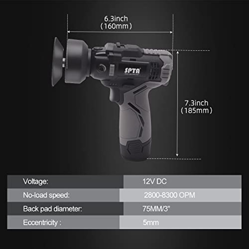 SPTA 12V 무선 자동차 폴리셔 도구 세트, 무선 드릴 가변 속도 폴리셔 및 버퍼, 자동차 디테일링 및 페인트 폴리싱을 위한 고속 충전기 및 폴리싱 패드가 포함된 2000mAh 리튬 이온 배터리