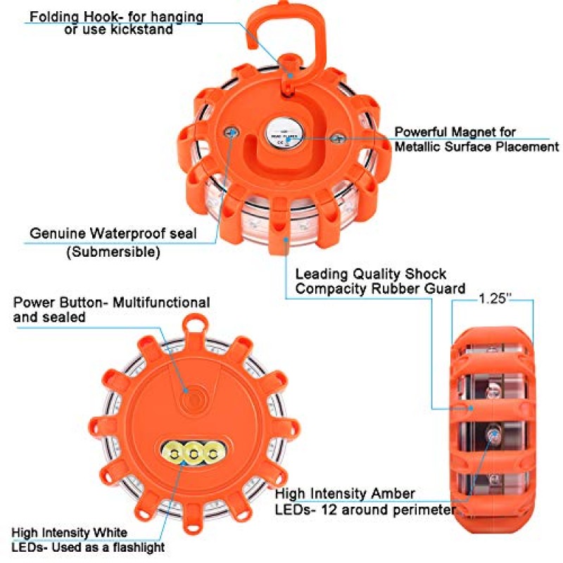Tobfit 12 팩 LED 도로 플레어 비상 조명 길가 안전 표지 디스크 깜박이는 경고 플레어 키트(자석 베이스 및 자동차 트럭 보트용 후크 포함) | 9가지 플래시 모드(배터리 미포함) (12)