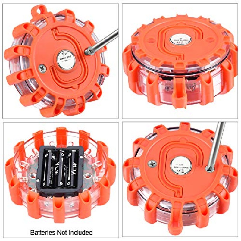Tobfit 12 팩 LED 도로 플레어 비상 조명 길가 안전 표지 디스크 깜박이는 경고 플레어 키트(자석 베이스 및 자동차 트럭 보트용 후크 포함) | 9가지 플래시 모드(배터리 미포함) (12)