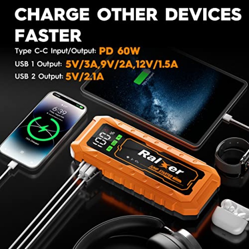 RALXER 휴대용 배터리 점프 스타터 - 4000A 피크 27000mAh 점프 스타터 배터리 팩(최대 모든 가스 또는 10L 디젤 엔진), 유형 C-C PD60W(입력/출력) 및 LED 디스플레이가 포함된 12V 점프 스타터