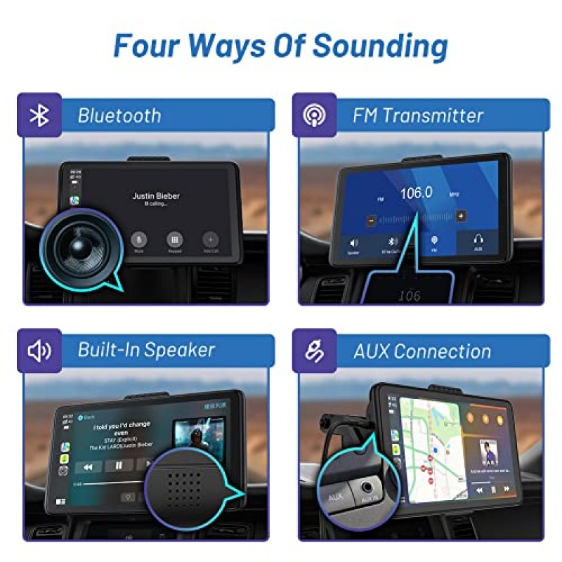 7인치 무선 Apple Carplay 및 Android Auto, AotuLink 휴대용 자동차 스테레오, 미러 링크가 포함된 HD 터치스크린, 멀티미디어 플레이어, Bluetooth, AUX/FM, 대시 또는 앞유리 마운트 지원 ​​대부분의 자동차 모델