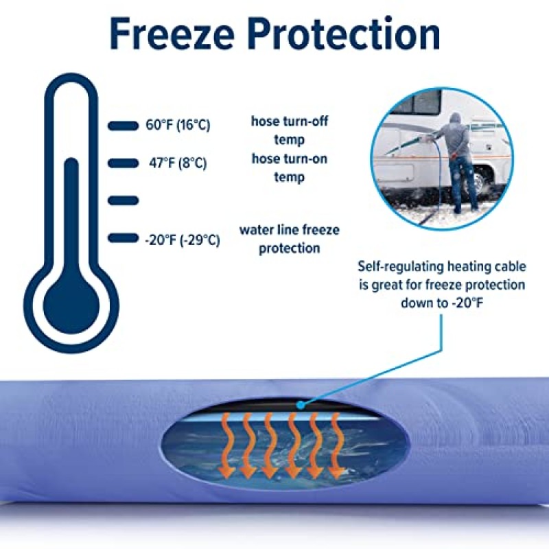 Camco 25피트 온수 식수 호스 | -20°F/-28°C까지 급수관 동파 방지 및 에너지 절약형 온도 조절 장치 | 호스 양쪽 끝에 연결하기 위한 어댑터 포함(22911)