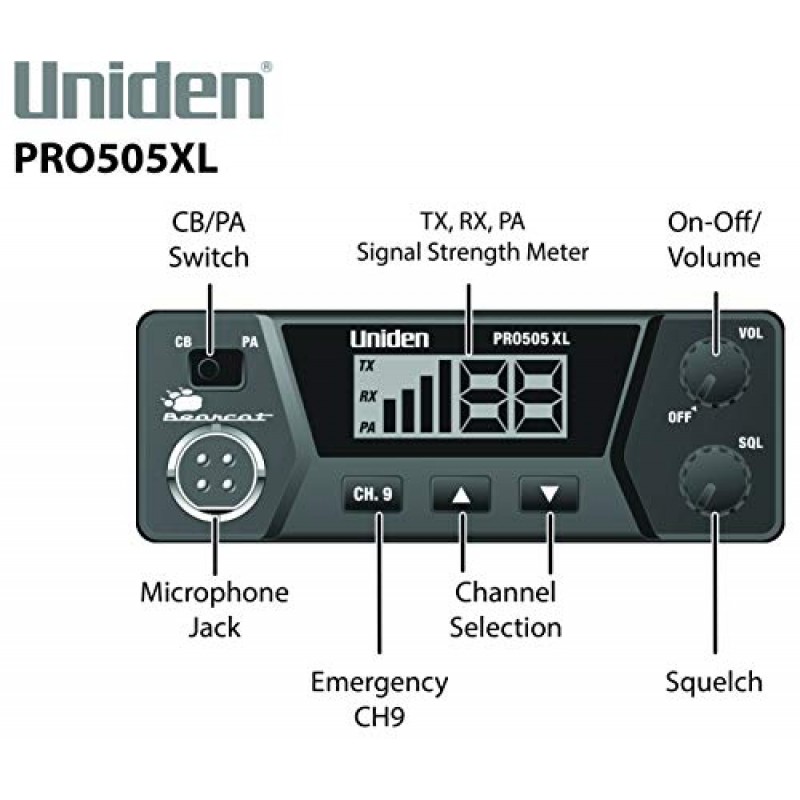 Uniden PRO505XL 40채널 CB 라디오. Pro 시리즈, 컴팩트한 디자인. PA(공개 주소) 기능. 긴급 비상 채널 9, 외부 스피커 잭, 읽기 쉬운 대형 디스플레이. - 검은색