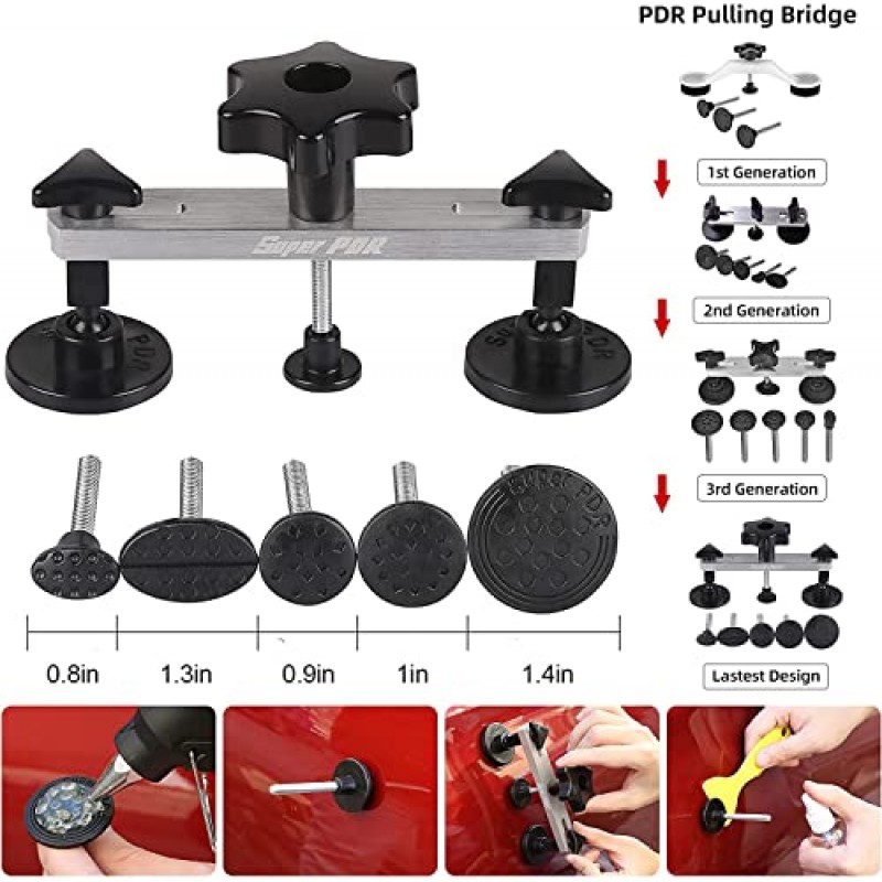 AUTOPDR 페인트가 없는 덴트 수리 키트 100PCS 자동차 덴트 제거 도구는 4가지 종류의 덴트 풀러 및 모든 접착제 탭과 함께 제공됩니다. 큰 덴트 제거 작은 덴트, 딩, 주름 및 우박 손상 모두 페인팅 없이 가능