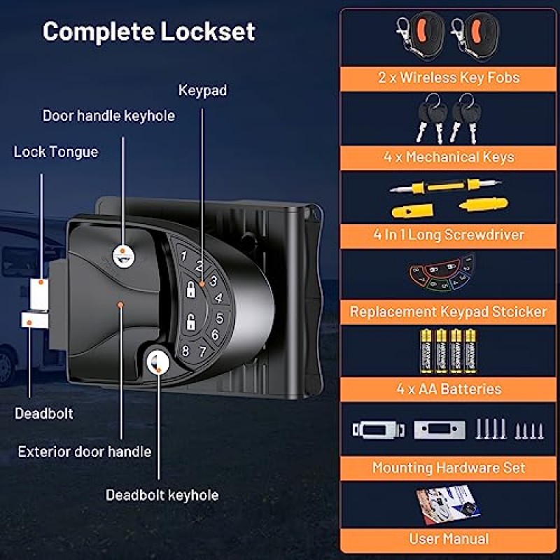 RV 열쇠가 없는 출입 도어 잠금 장치, 무선 전자시계 비밀번호 키패드 RV 도어 잠금 장치 열쇠가 없는 Enrty, 홈 모터/캠퍼/여행 트레일러용 업그레이드된 금속 RV 잠금 장치 말 화물 범프 풀, 2.75