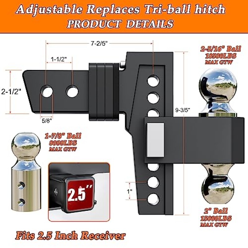VNN 조정 가능한 드롭 히치, 트라이볼(1-7/8', 2', 2-5/16') 트레일러 히치, 2.5 수신기 히치에 적합, 6인치 드롭 히치, 트럭용 18500 LBS GTW-드롭 히치 , 견고한 솔리드 볼 마운트, 검정색, VN0006