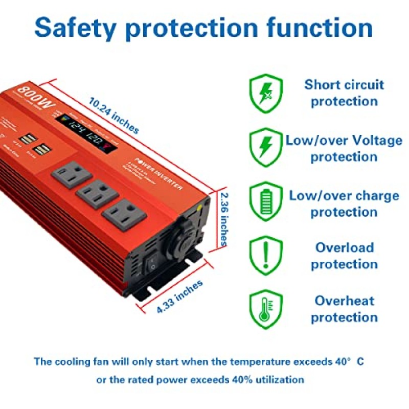 800W 수정 사인파 전력 인버터, 피크 1600 와트, 차량용 12V DC ~ 110V AC 변환기 4x2.4A USB 포트 차량용 충전기(시가 라이터 포트 1개, LCD 디지털 디스플레이 MOVFFGGRM)