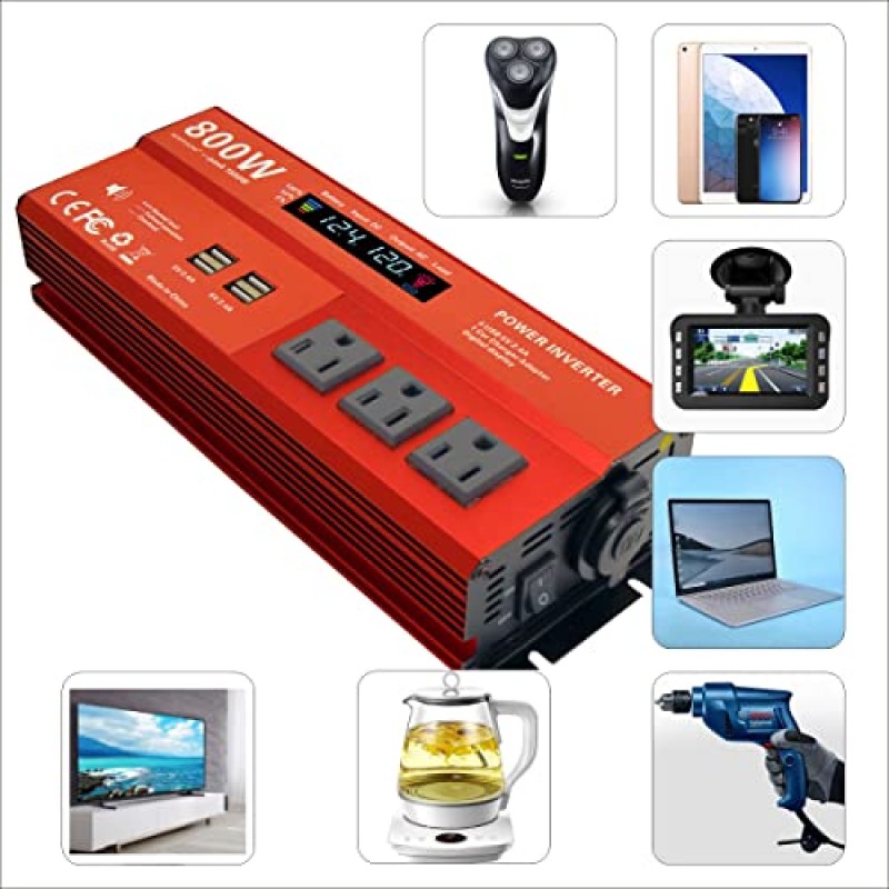 800W 수정 사인파 전력 인버터, 피크 1600 와트, 차량용 12V DC ~ 110V AC 변환기 4x2.4A USB 포트 차량용 충전기(시가 라이터 포트 1개, LCD 디지털 디스플레이 MOVFFGGRM)