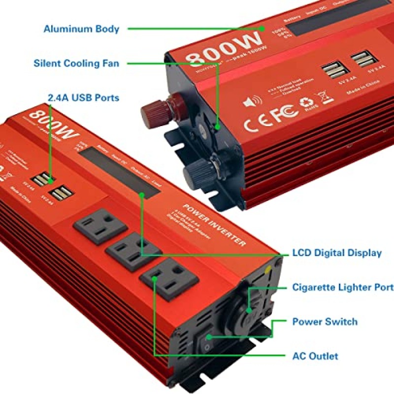 800W 수정 사인파 전력 인버터, 피크 1600 와트, 차량용 12V DC ~ 110V AC 변환기 4x2.4A USB 포트 차량용 충전기(시가 라이터 포트 1개, LCD 디지털 디스플레이 MOVFFGGRM)