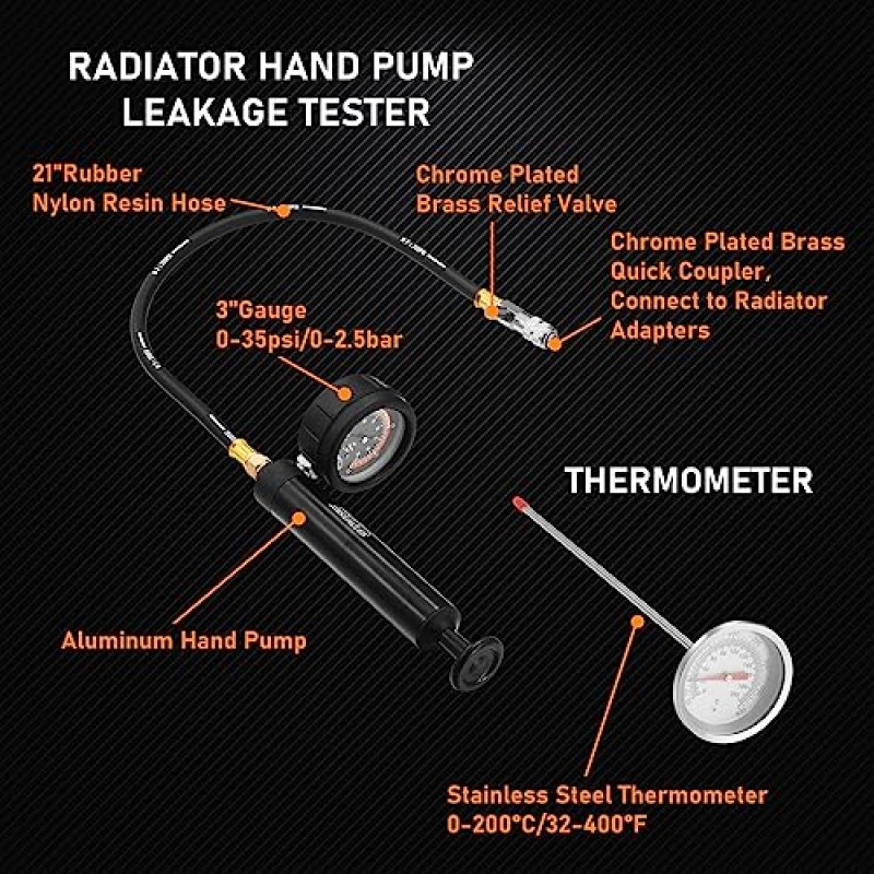 4 삼촌 28 조각 범용 라디에이터 압력 테스터, 냉각수 압력 테스터 키트 냉각 시스템 압력 테스터 키트 진공 유형 냉각 시스템 도구 키트 검정색