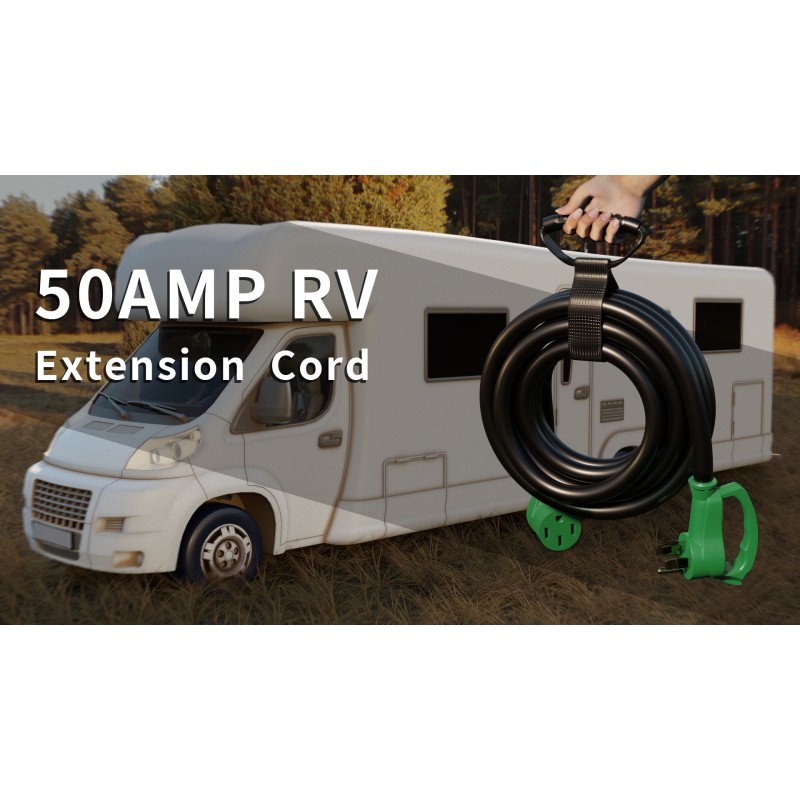 50 FT 50 Amp RV/EV 연장 코드 실외, 4구 유연한 헤비듀티 6/3+8/1 게이지 STW RV 전원 코드 방수 코드 정리함 포함, NEMA 14-50P ~ 14-50R, 흑색-녹색, ETL PlugSaf