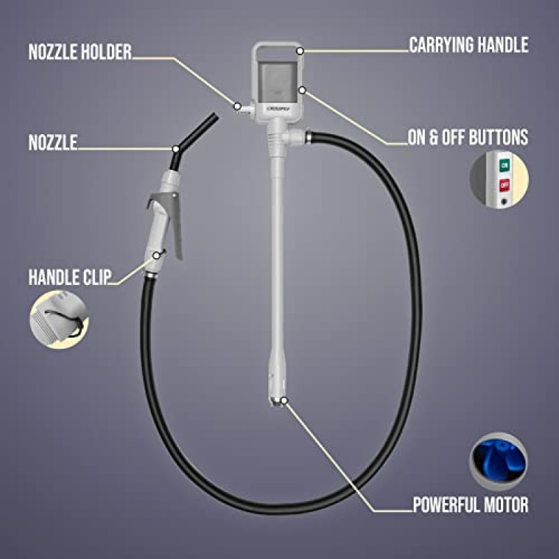 빠른 흐름 제어 및 정지를 위한 노즐이 있는 DEWAY 자동 연료 이송 펌프, 튼튼한 고무 호스, 3배 더 강력한 D 배터리 구동, 모든 크기의 캔에 적합, 2.4갤런/분으로 이송