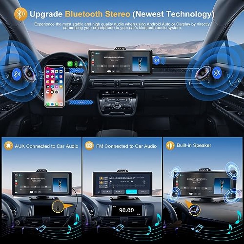 10.26인치 휴대용 자동차 스테레오(4K 대시캠 포함), 무선 대시 마운트 Apple Carplay 및 Android Auto, Drivemate 자동차 재생 화면(백업 카메라, 블루투스, GPS 내비게이션, 미러 링크 포함)(4K(BT 오디오) 1080P)