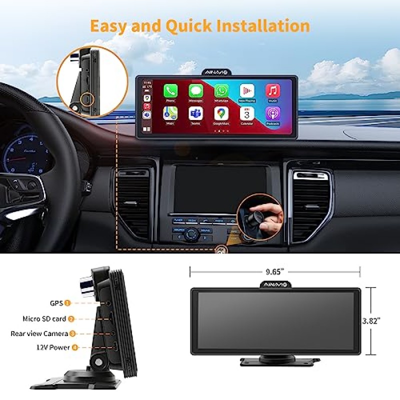 10.26인치 휴대용 자동차 스테레오(4K 대시캠 포함), 무선 대시 마운트 Apple Carplay 및 Android Auto, Drivemate 자동차 재생 화면(백업 카메라, 블루투스, GPS 내비게이션, 미러 링크 포함)(4K(BT 오디오) 1080P)