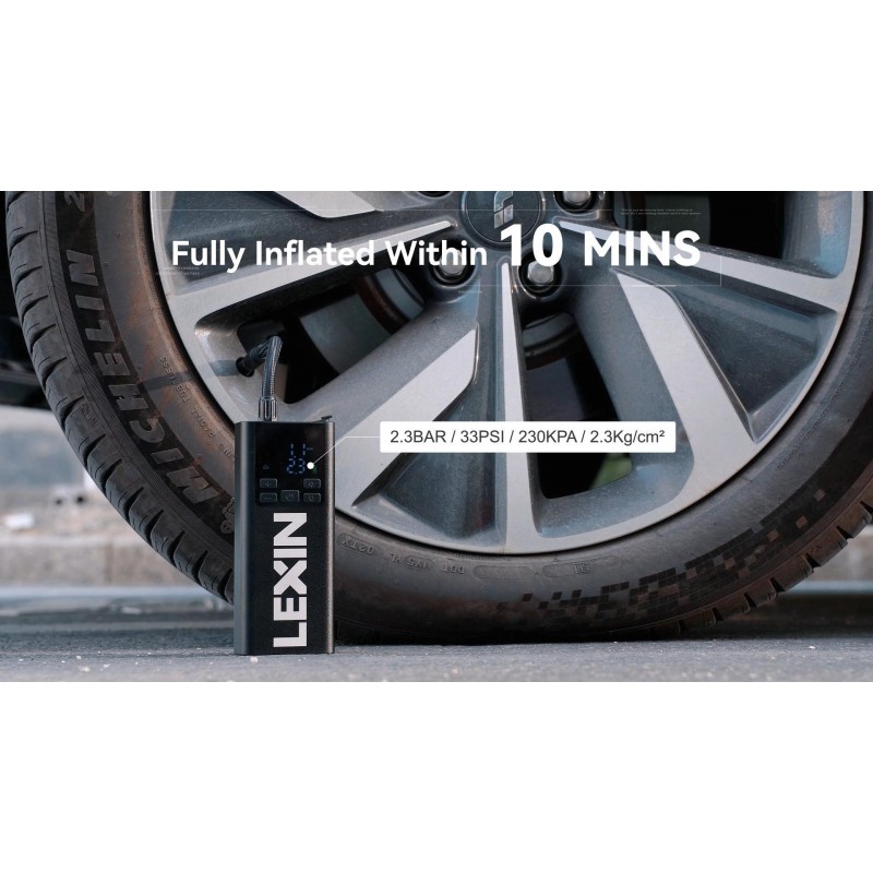 LEXIN P5 타이어 팽창기 휴대용 공기 압축기, 150PSI 무선 공기 펌프, 압력 게이지가 있는 전기 타이어 펌프, 2배 더 빠른 인플레이션, LCD 디스플레이, 자동차, 오토바이, 전자 자전거, 자전거용 5000mAh 배터리