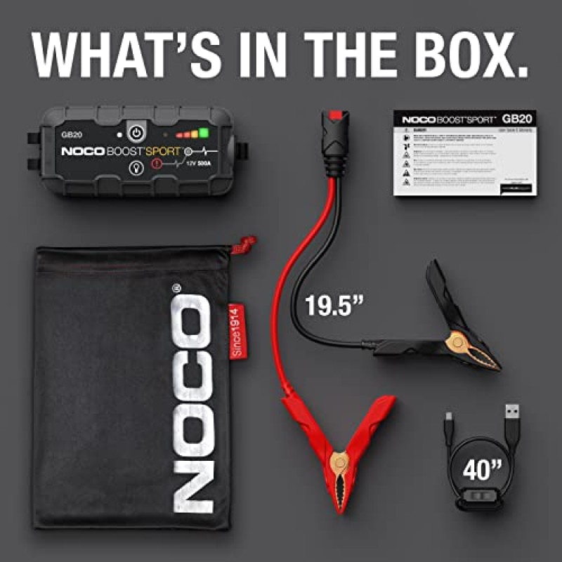NOCO Boost Sport GB20 500Amp 12V UltraSafe 리튬 점프 스타터 박스, 자동차 배터리 부스터 팩, 휴대용 전원 은행 충전기 및 최대 4리터 가솔린 엔진용 점퍼 케이블, 400Amps, 검정색