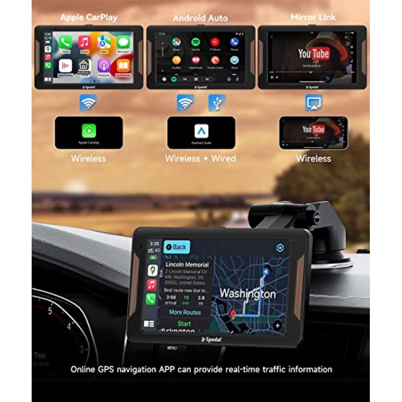 Spedal 7인치 무선 Apple CarPlay 및 Android Auto, 미러 링크가 포함된 휴대용 자동차 스테레오, 멀티미디어 플레이어, Bluetooth, AUX/FM, Google 및 Siri Assistant, 대시 또는 앞유리 장착