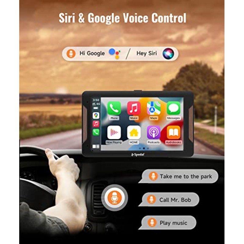 Spedal 7인치 무선 Apple CarPlay 및 Android Auto, 미러 링크가 포함된 휴대용 자동차 스테레오, 멀티미디어 플레이어, Bluetooth, AUX/FM, Google 및 Siri Assistant, 대시 또는 앞유리 장착