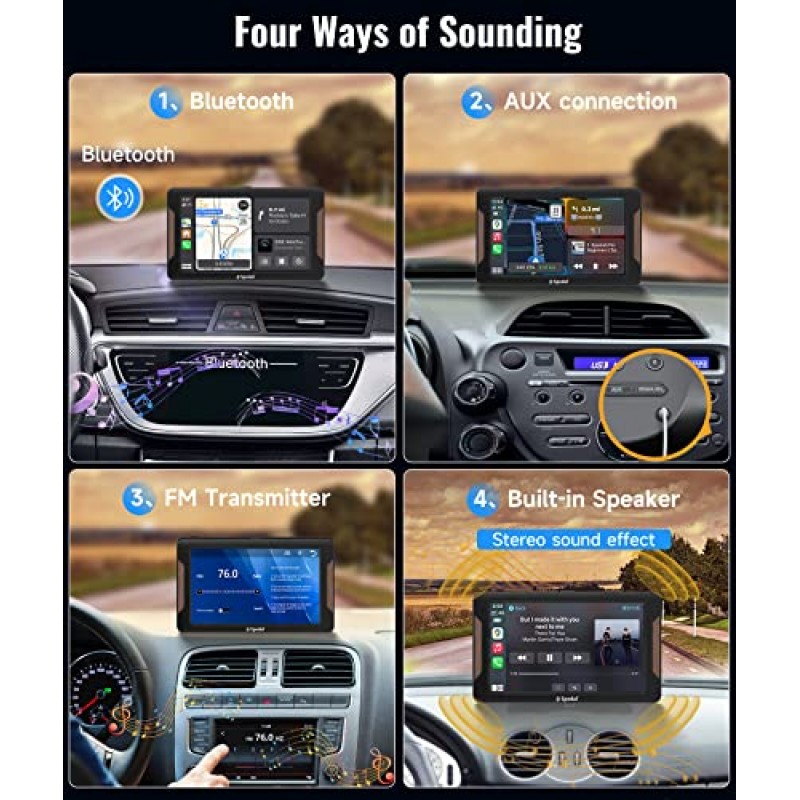Spedal 7인치 무선 Apple CarPlay 및 Android Auto, 미러 링크가 포함된 휴대용 자동차 스테레오, 멀티미디어 플레이어, Bluetooth, AUX/FM, Google 및 Siri Assistant, 대시 또는 앞유리 장착