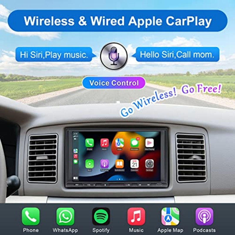 더블 딘 자동차 스테레오 라디오 무선 CarPlay 및 무선 안드로이드 자동, 블루투스, 라이브 후방 카메라, AM/FM, GPS 네비게이션, 미러 링크, 서브우퍼, USB/AUX/SWC 기능이 있는 7인치 터치스크린 차량용 오디오 수신기