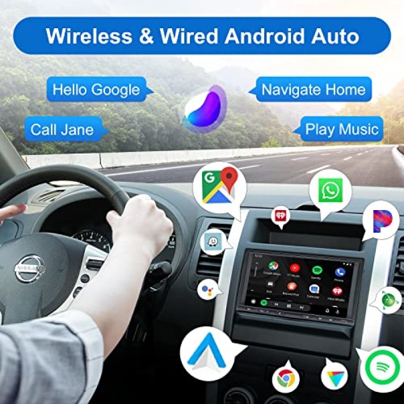 더블 딘 자동차 스테레오 라디오 무선 CarPlay 및 무선 안드로이드 자동, 블루투스, 라이브 후방 카메라, AM/FM, GPS 네비게이션, 미러 링크, 서브우퍼, USB/AUX/SWC 기능이 있는 7인치 터치스크린 차량용 오디오 수신기